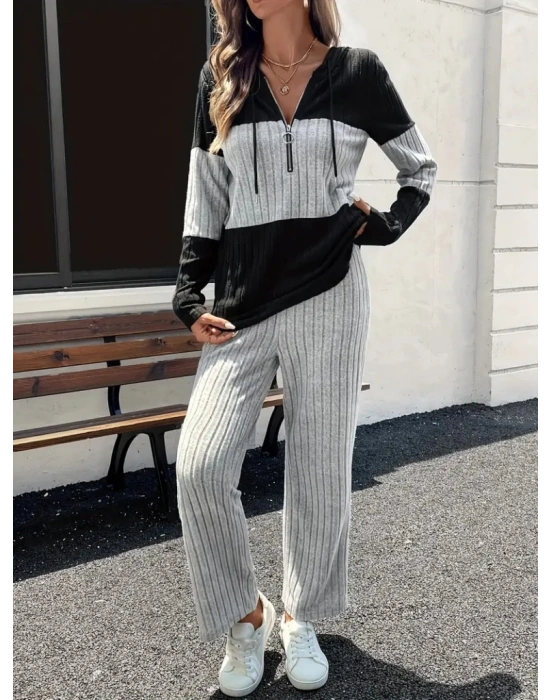 Kadın Uzun Kollu Kapşonlu önden Fermuarlı şardonlu Kaşkorse Bluz Ve Pantolon