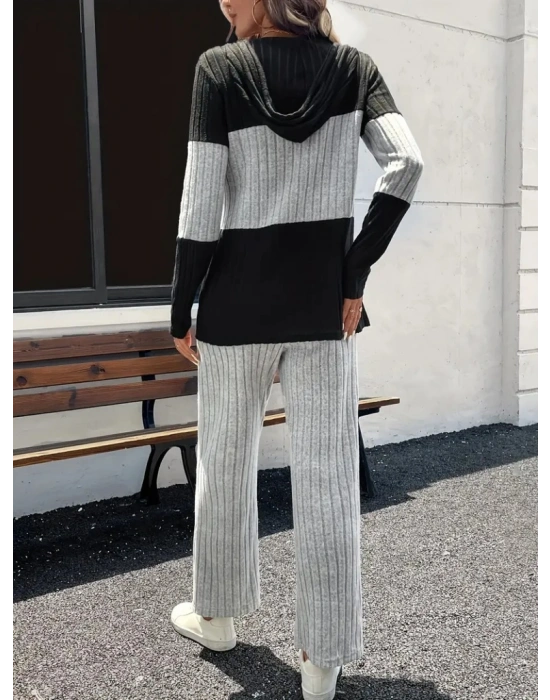 Kadın Uzun Kollu Kapşonlu önden Fermuarlı şardonlu Kaşkorse Bluz Ve Pantolon