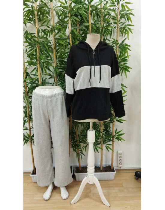 Kadın Uzun Kollu Kapşonlu önden Fermuarlı şardonlu Kaşkorse Bluz Ve Pantolon