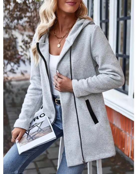 Kadın Uzun Kollu Kapşonlu önden Fermuarlı Uzun üç Iplik Ceket