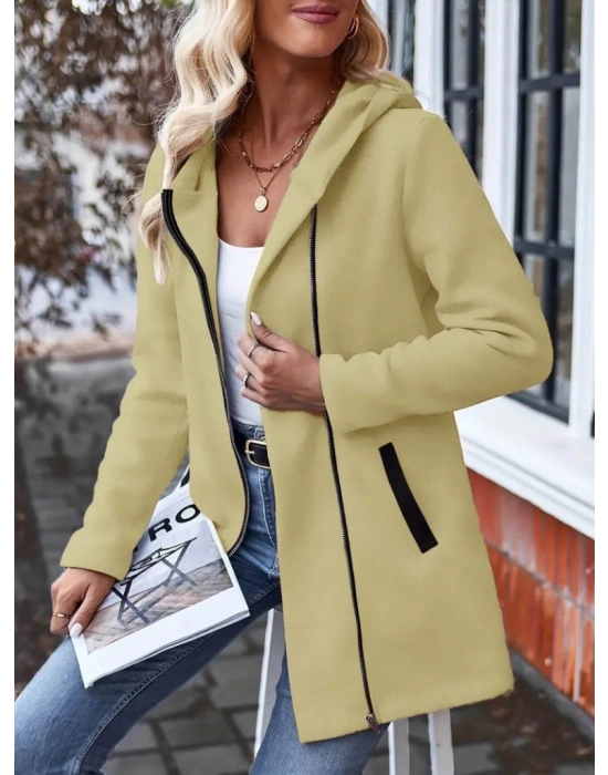 Kadın Uzun Kollu Kapşonlu önden Fermuarlı Uzun üç Iplik Ceket