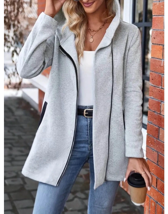 Kadın Uzun Kollu Kapşonlu önden Fermuarlı Uzun üç Iplik Ceket