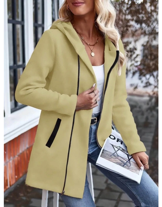 Kadın Uzun Kollu Kapşonlu önden Fermuarlı Uzun üç Iplik Ceket