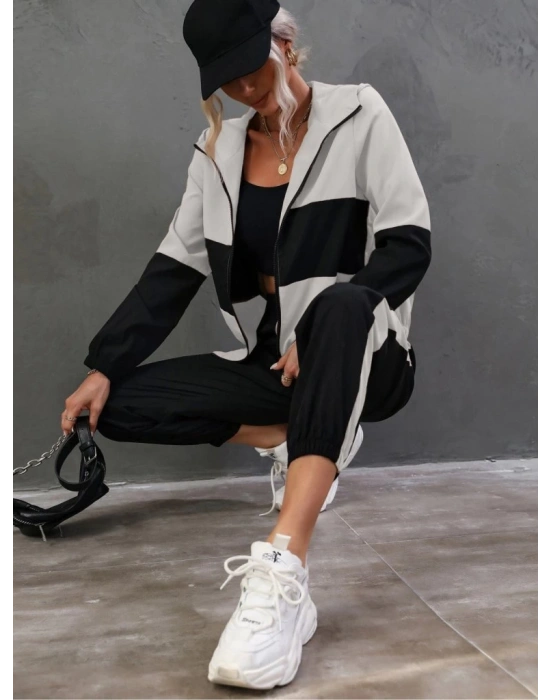 Kadın Uzun Kollu Kapşonlu önden Fermuarlı Viskon Iki Iplik Bluz Ve Pantolon Ikili Takım