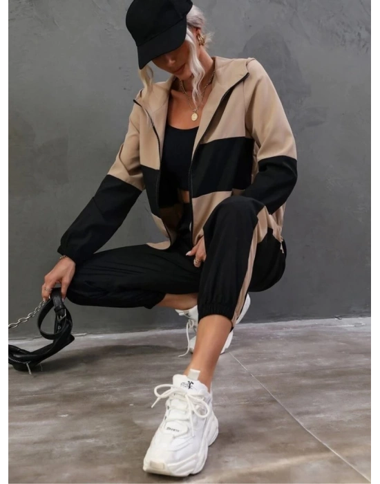 Kadın Uzun Kollu Kapşonlu önden Fermuarlı Viskon Iki Iplik Bluz Ve Pantolon Ikili Takım