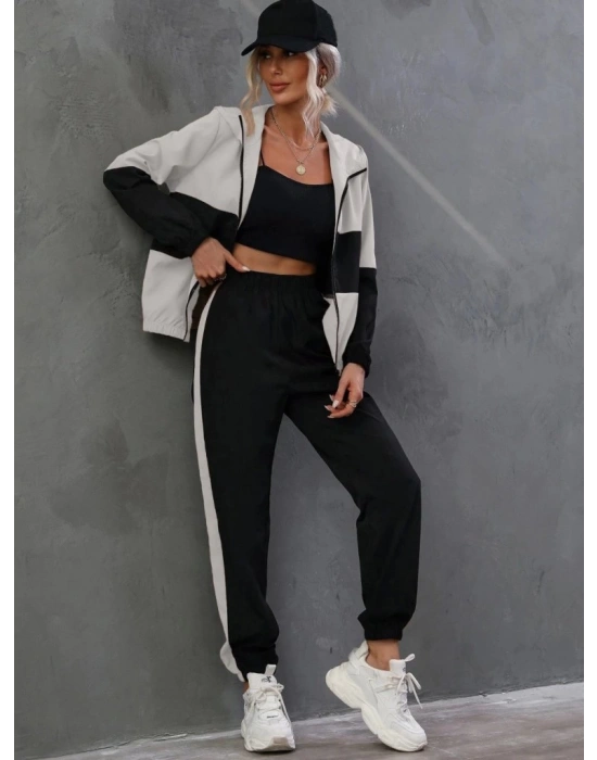 Kadın Uzun Kollu Kapşonlu önden Fermuarlı Viskon Iki Iplik Bluz Ve Pantolon Ikili Takım