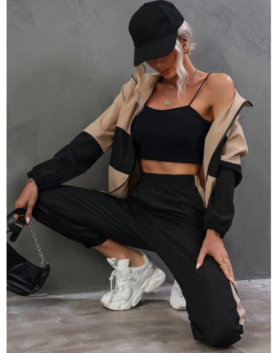 Kadın Uzun Kollu Kapşonlu önden Fermuarlı Viskon Iki Iplik Bluz Ve Pantolon Ikili Takım