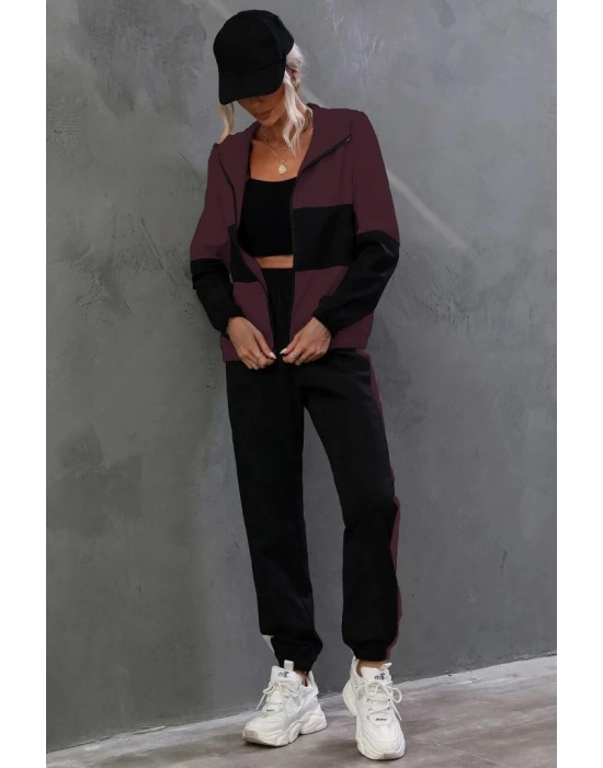 Kadın Uzun Kollu Kapşonlu önden Fermuarlı Viskon Iki Iplik Bluz Ve Pantolon Ikili Takım