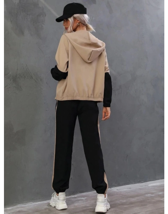 Kadın Uzun Kollu Kapşonlu önden Fermuarlı Viskon Iki Iplik Bluz Ve Pantolon Ikili Takım