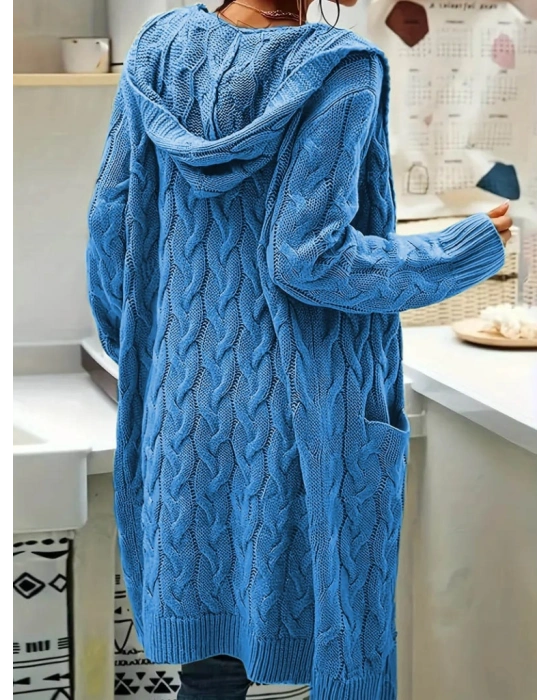 Kadın Uzun Kollu Kapşonlu önü Açık Cepli Midi Hırka