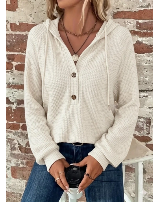 Kadın Uzun Kollu Kapşonlu önü Düğmeli Ve Bağcıklı Waffle Bluz