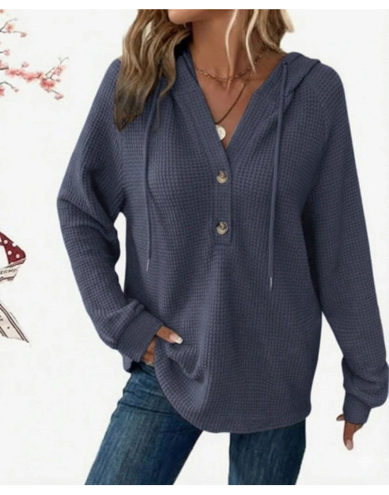 Kadın Uzun Kollu Kapşonlu önü Düğmeli Ve Bağcıklı Waffle Bluz
