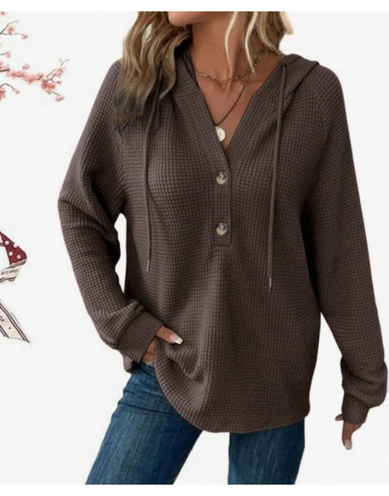 Kadın Uzun Kollu Kapşonlu önü Düğmeli Ve Bağcıklı Waffle Bluz