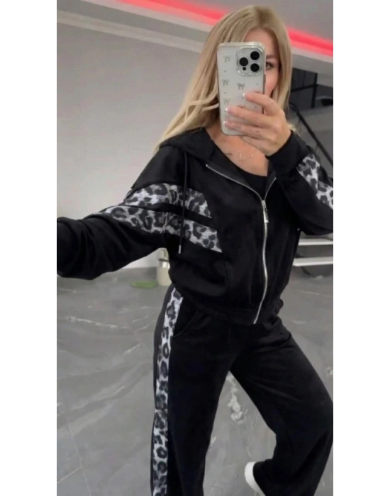 Kadın Uzun Kollu Kapşonlu önü Fermuarlı Leopar Desenli Modal Bluz Ve Pantolon Ikili Takım