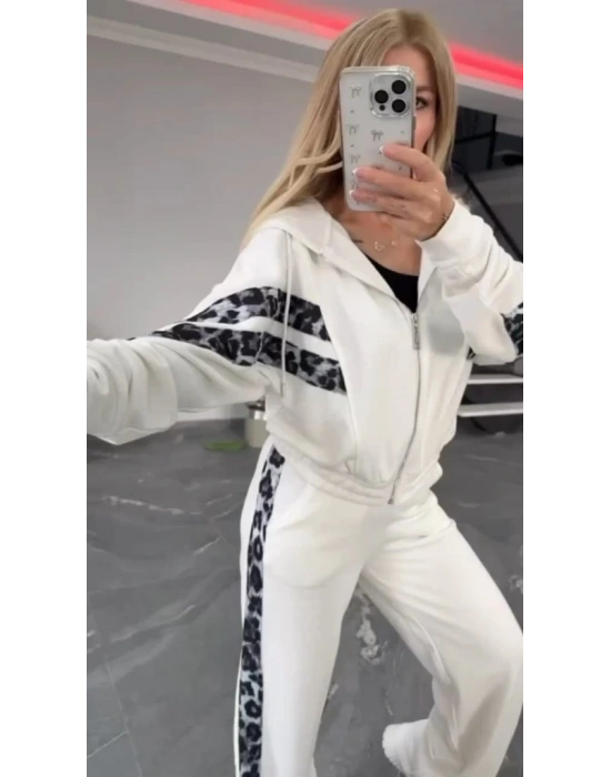 Kadın Uzun Kollu Kapşonlu önü Fermuarlı Leopar Desenli Modal Bluz Ve Pantolon Ikili Takım