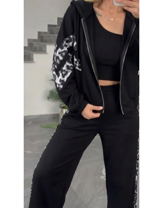 Kadın Uzun Kollu Kapşonlu önü Fermuarlı Leopar Desenli Modal Bluz Ve Pantolon Ikili Takım