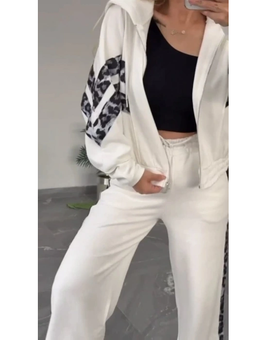 Kadın Uzun Kollu Kapşonlu önü Fermuarlı Leopar Desenli Modal Bluz Ve Pantolon Ikili Takım