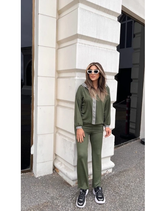 Kadın Uzun Kollu Kapşonlu önü Fermuarlı şerit Detay Viskon Iki Iplik Alt üst Ikili Takım