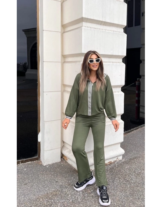 Kadın Uzun Kollu Kapşonlu önü Fermuarlı şerit Detay Viskon Iki Iplik Alt üst Ikili Takım