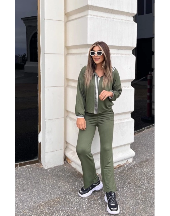 Kadın Uzun Kollu Kapşonlu önü Fermuarlı şerit Detay Viskon Iki Iplik Alt üst Ikili Takım