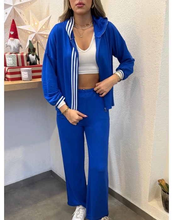 Kadın Uzun Kollu Kapşonlu önü Fermuarlı şerit Detay Viskon Iki Iplik Alt üst Ikili Takım