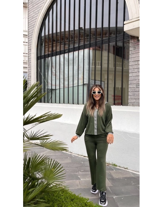 Kadın Uzun Kollu Kapşonlu önü Fermuarlı şerit Detay Viskon Iki Iplik Alt üst Ikili Takım