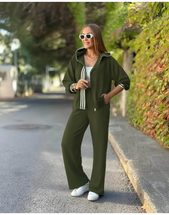 Kadın Uzun Kollu Kapşonlu Onu şerit Detaylı Fermuarlı Viskon Iki Iplik Bluz Ve Pantolon Ikili Takım