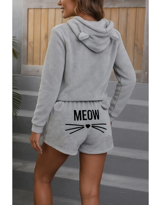 Kadın Uzun Kollu Kapşonlu Peluş Bluz Ve Kısa Short Ikili Takım