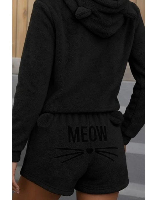 Kadın Uzun Kollu Kapşonlu Peluş Bluz Ve Kısa Short Ikili Takım