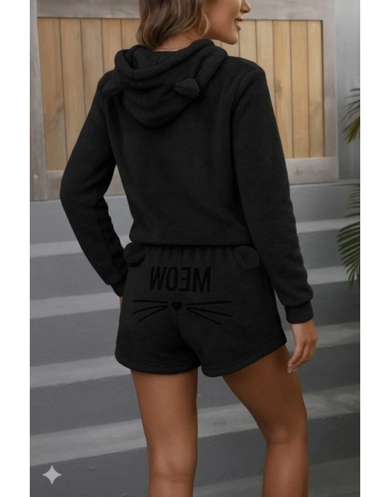 Kadın Uzun Kollu Kapşonlu Peluş Bluz Ve Kısa Short Ikili Takım