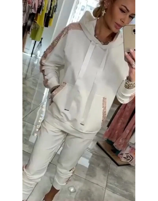 Kadın Uzun Kollu Kapşonlu Pulpayet Detay Viskon Iki Iplik Bluz Ve Pantolon Ikili Takım