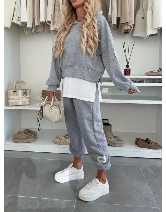 Kadın Uzun Kollu Kapşonlu Viskon Iki Iplik Bluz Ve Pantolon Ikili Takım