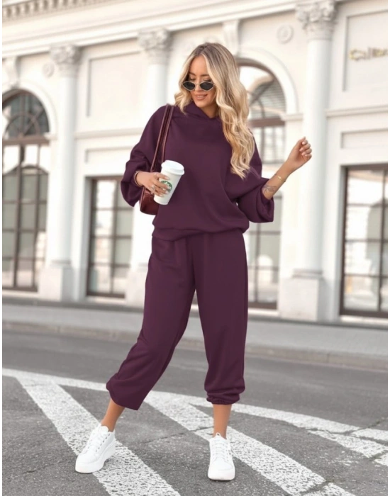 Kadın Uzun Kollu Kapşonlu Viskon Iki Iplik Bluz Ve Pantolon Ikili Takım