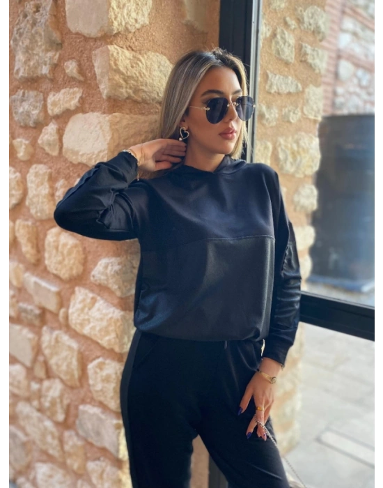 Kadın Uzun Kollu Kapşonlu Viskon Iki Iplik Bluz Ve Pantolon Ikili Takım