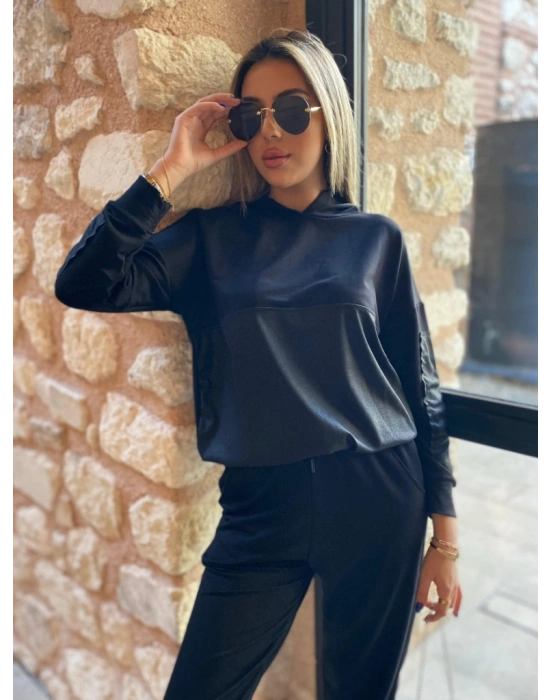 Kadın Uzun Kollu Kapşonlu Viskon Iki Iplik Bluz Ve Pantolon Ikili Takım