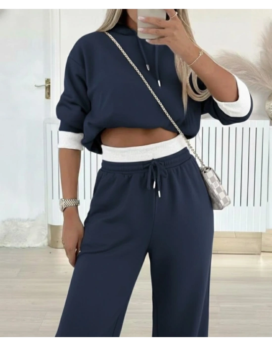 Kadın Uzun Kollu Kapşonlu Viskon Iki Iplik Füme Bluz Ve Pantolon Ikili Takım