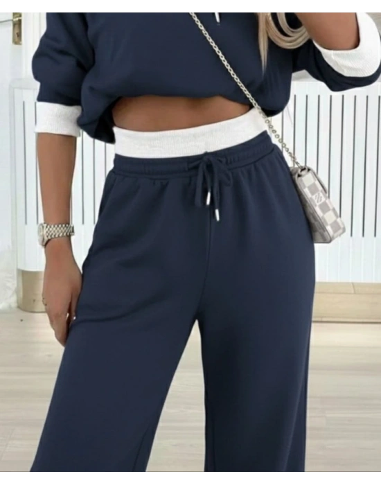 Kadın Uzun Kollu Kapşonlu Viskon Iki Iplik Füme Bluz Ve Pantolon Ikili Takım