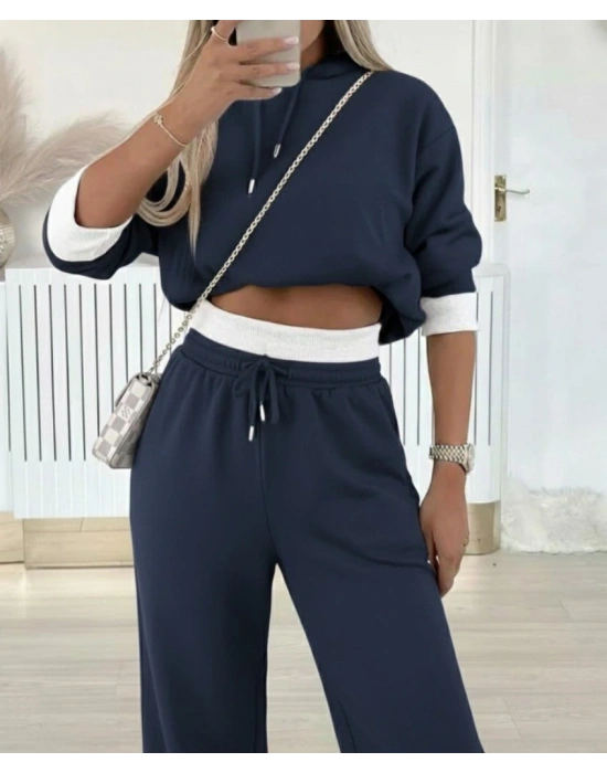 Kadın Uzun Kollu Kapşonlu Viskon Iki Iplik Füme Bluz Ve Pantolon Ikili Takım