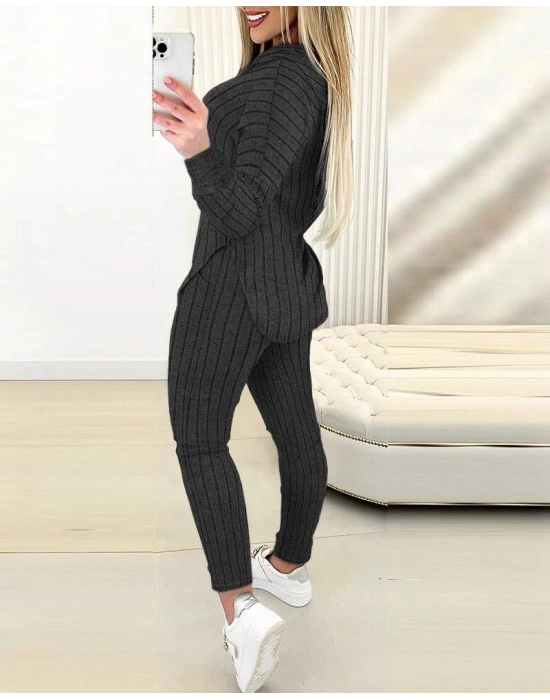 Kadın Uzun Kollu Kapşonlu Yakadan Bağcıklı Yandan Yırtmaçlı üst Bluz Alt Tayt şardonlu Kaşkorse Ikili Takım