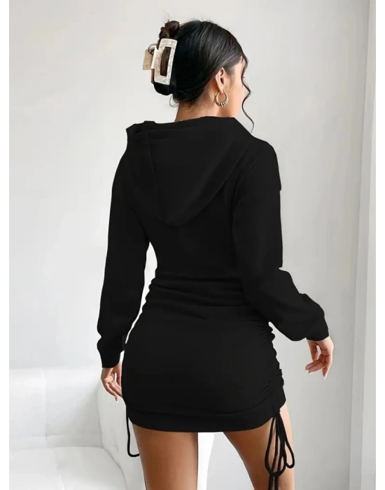 Kadın Uzun Kollu Kapşonlu Yandan Büzgülü Mini Viskon Iki Iplik Elbise