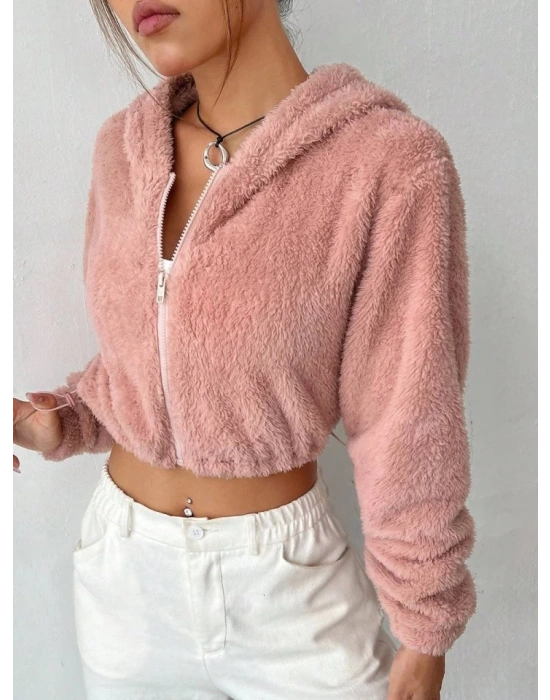 Kadın Uzun Kollu Kapüşon Detay Beli Lastikli Pelüş Hırka