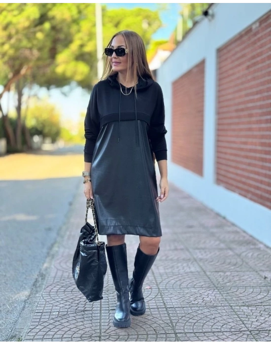 Kadın Uzun Kollu Kapüşon Ve Deri Detay Diz üstü Elbise