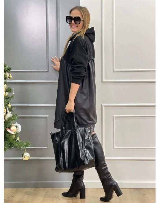 Kadın Uzun Kollu Kapüşon Ve Deri Detay Diz üstü Elbise