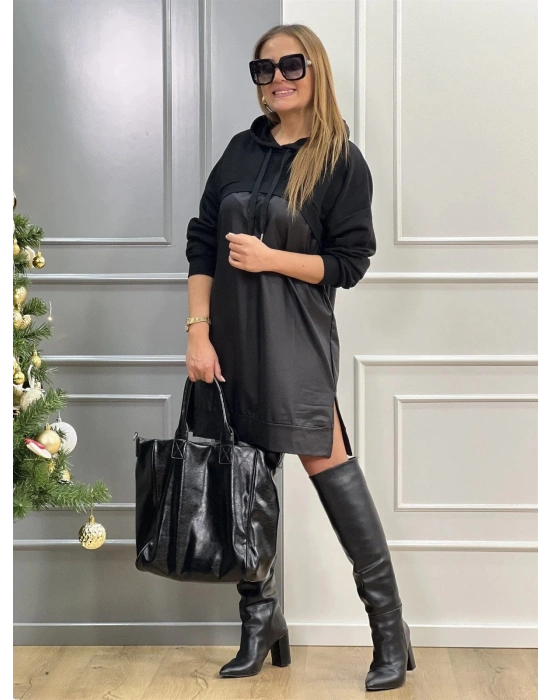 Kadın Uzun Kollu Kapüşon Ve Deri Detay Diz üstü Elbise