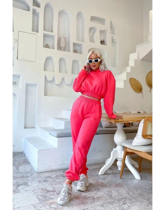 Kadın Uzun Kollu Kapüşonlu Beli Lastik Detay weat Ve Yüksek Bel Bileği Lastikli Pantolon üç üplik Kumaş Ikili Takım