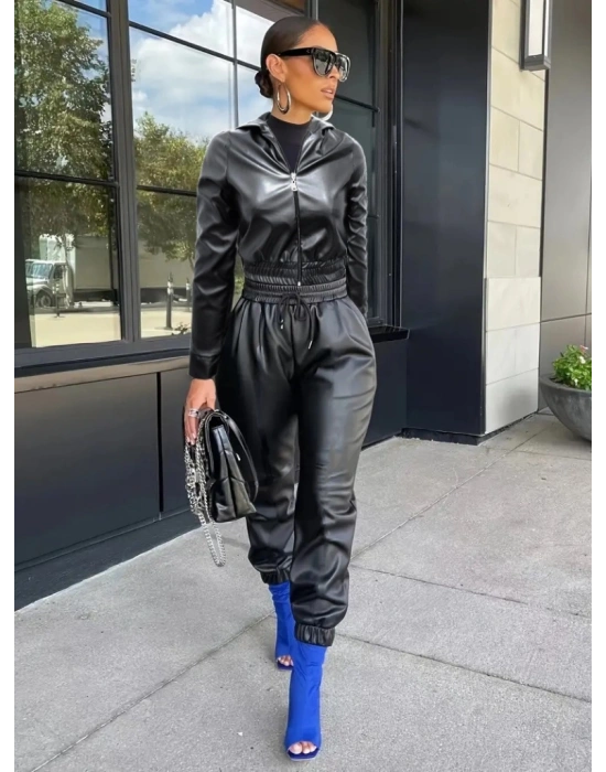 Kadın Uzun Kollu Kapüşonlu Ceket Bel Ve Paçası Lastikli Pantolon Ikili Deri Takım