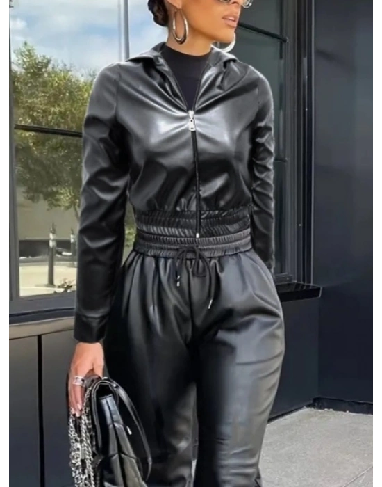 Kadın Uzun Kollu Kapüşonlu Ceket Bel Ve Paçası Lastikli Pantolon Ikili Deri Takım