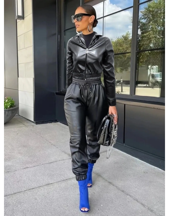 Kadın Uzun Kollu Kapüşonlu Ceket Bel Ve Paçası Lastikli Pantolon Ikili Deri Takım
