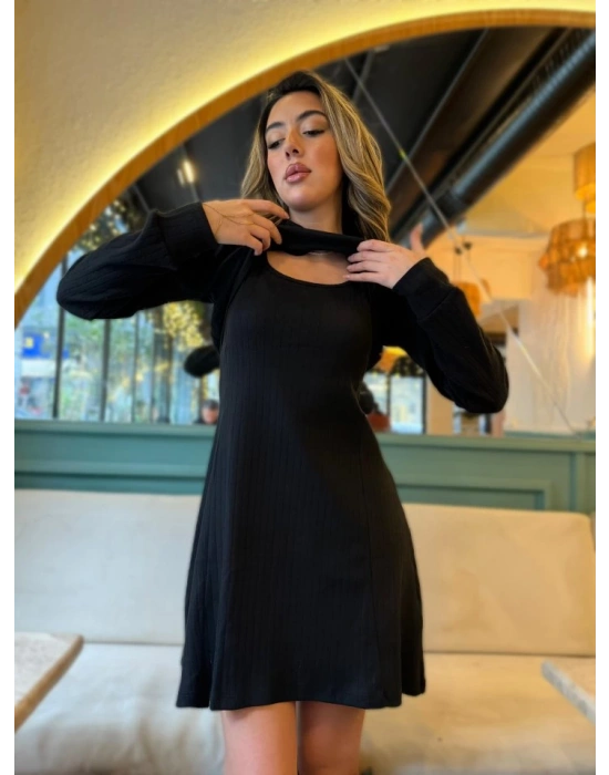 Kadın Uzun Kollu Kapüşonlu Ceket üst Ve Askısız Kare Yaka A Kesim şardonlu Kaşkorse Elbise