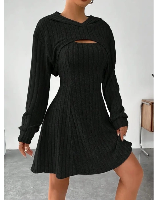 Kadın Uzun Kollu Kapüşonlu Ceket üst Ve Askısız Kare Yaka A Kesim şardonlu Kaşkorse Elbise